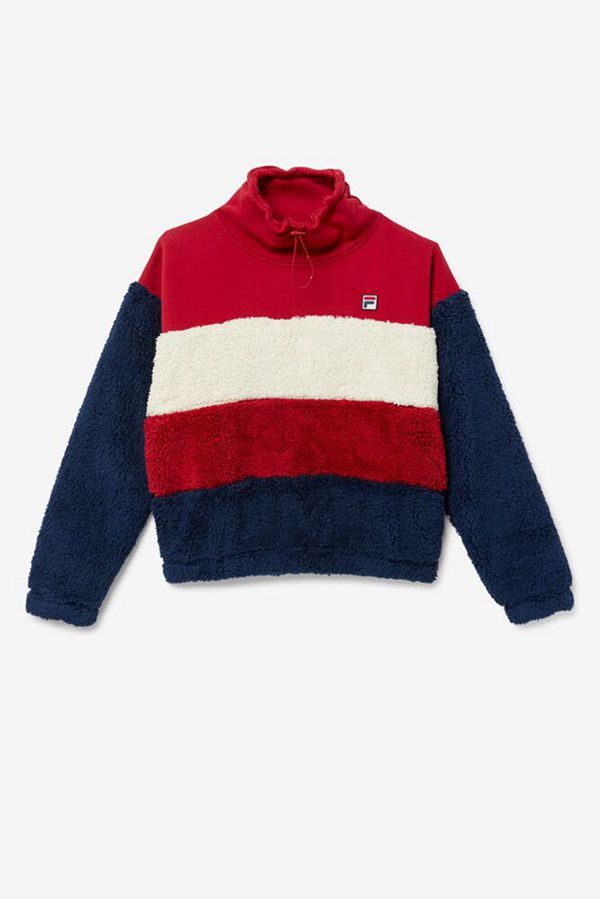 Fila Mahika Sherpa Pullover Women's Sweatshirts - Red/Navy,NZ 583-35469